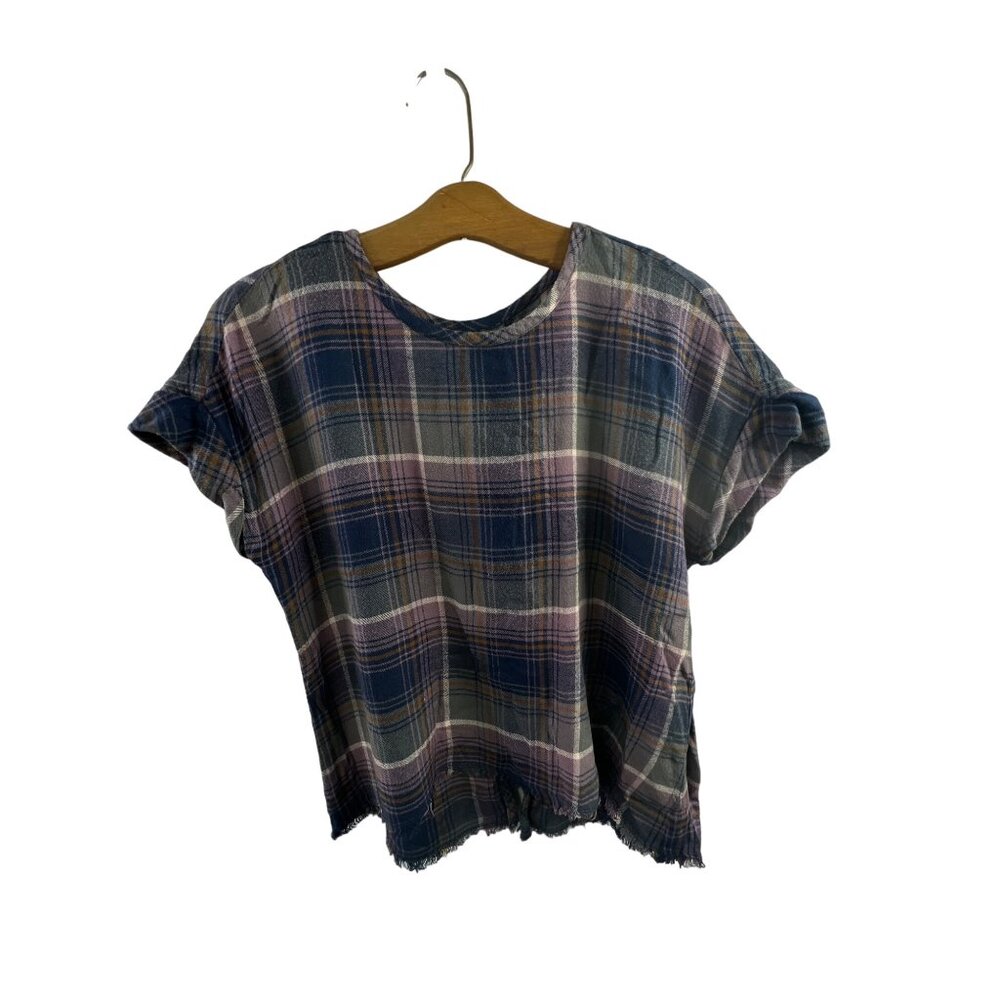 Cloth & Stone Plaid Top Extra Small Blue Pink Button Back Frayed Hem Lightweight